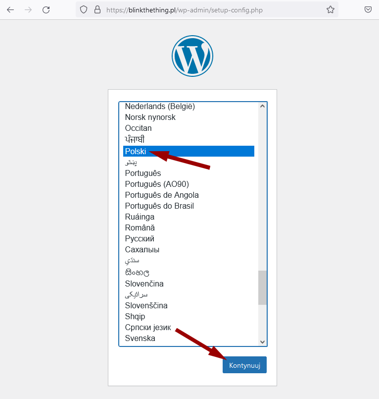 Instalacja WordPressa bez autoinstalatora - wybór języka WordPressa (kurs WordPress)