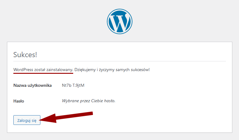Instalacja WordPressa bez autoinstalatora - potwierdzenie udanej instalacji (kurs WordPress)
