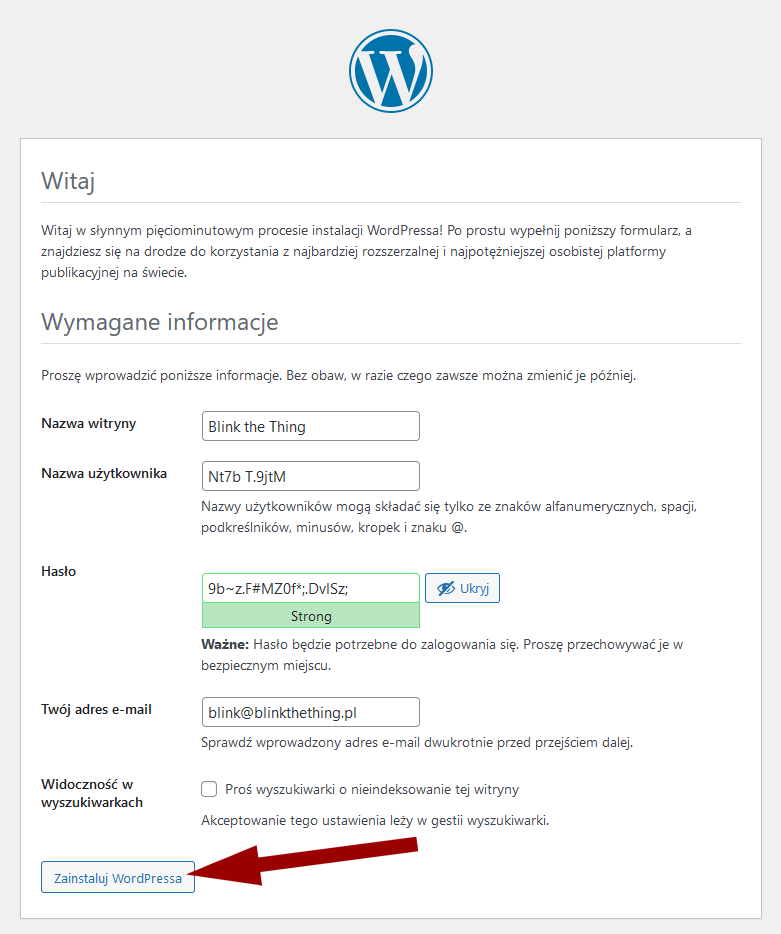 Instalacja WordPressa bez autoinstalatora - uzupełnianie informacji na temat użytkownika-administratora WordPressa: nazwa użytkownika, hasło, tytuł witryny (kurs WordPress)