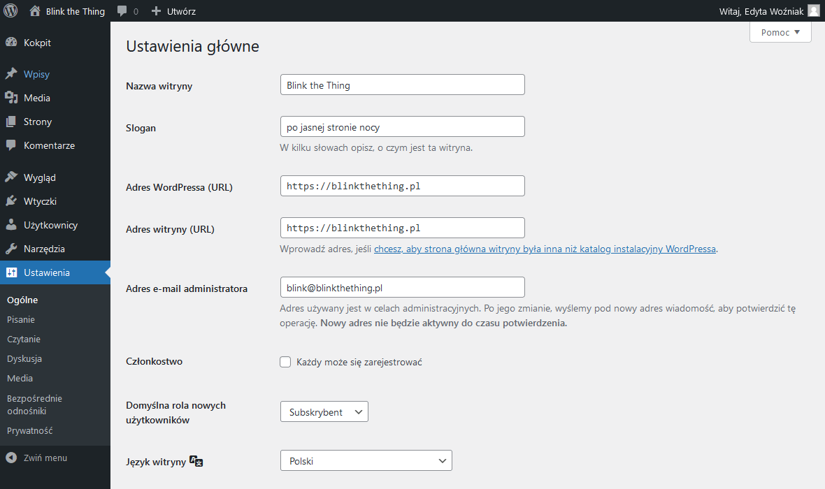 Kurs WordPress: kokpit - ustawienia ogólne