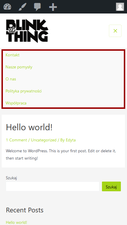 Kilka menu na stronie internetowej WordPress - menu w widoku na telefon w motywie Astra