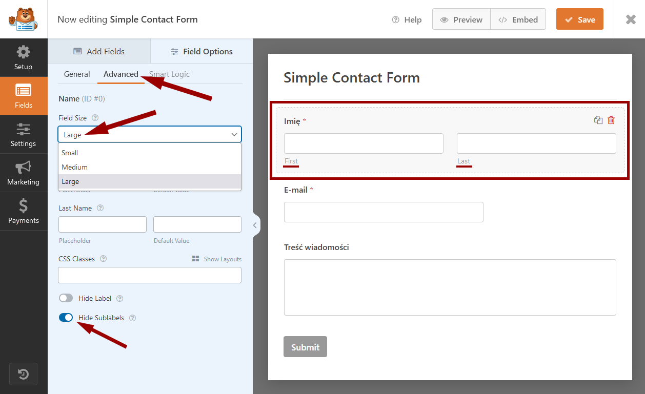 WordPress: formularz kontaktowy - dodawanie formularza kontaktowego: zmiana pola na imiÄ™ i nazwisko
