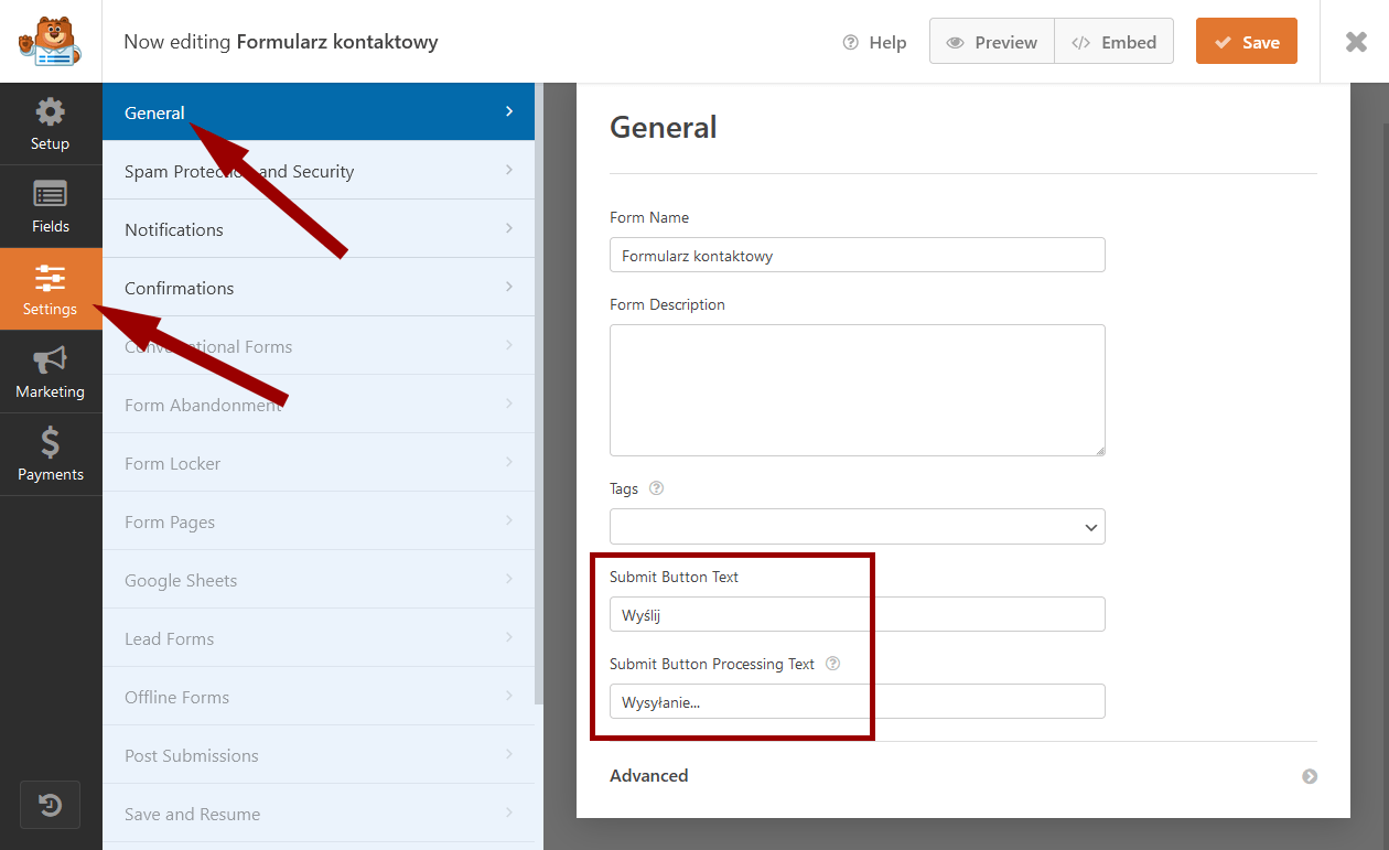 WordPress: formularz kontaktowy - dodawanie formularza kontaktowego: tłumaczenie przycisku Wyślij