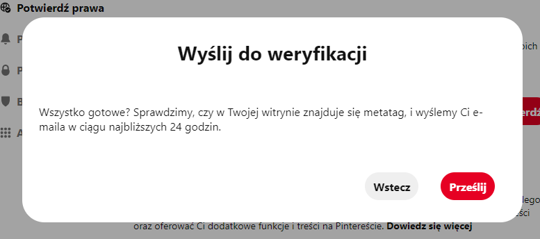 WordPress i Pinterest - potwierdzanie praw - przesyłanie do weryfikacji
