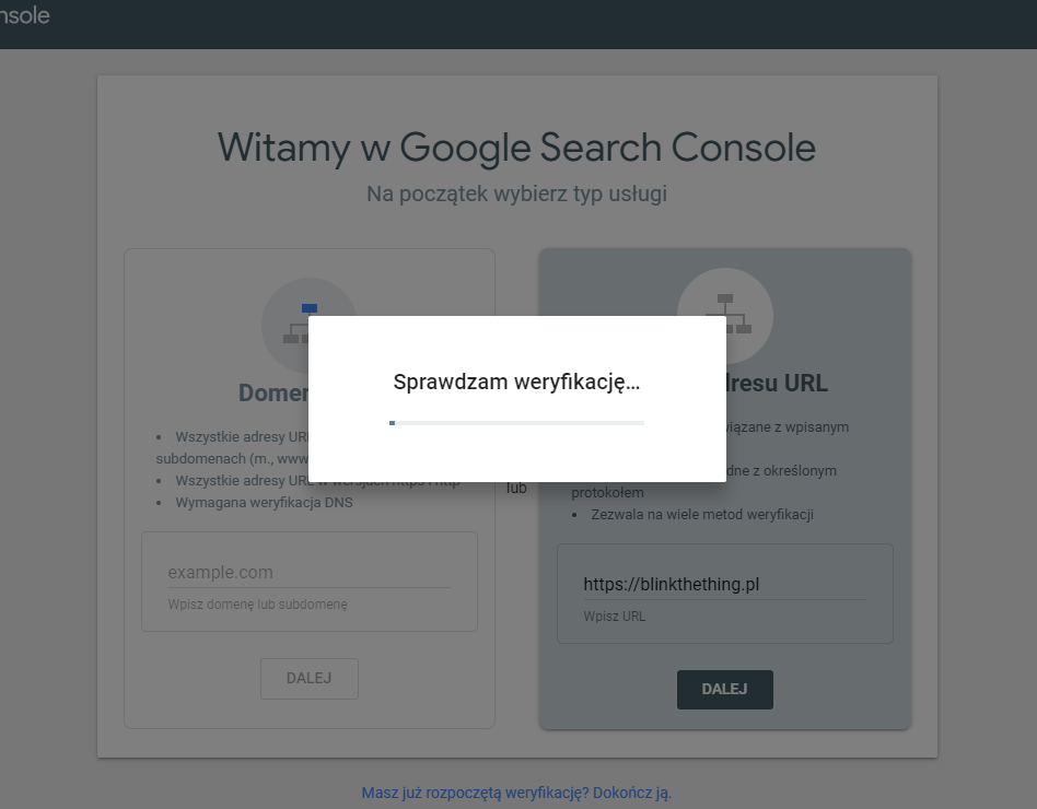 WordPress i Google Search Console - oczekiwanie na weryfikację strony