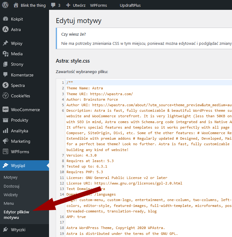 Zabezpieczanie WordPressa - wyłączanie edycji plików motywów i wtyczek - kokpit